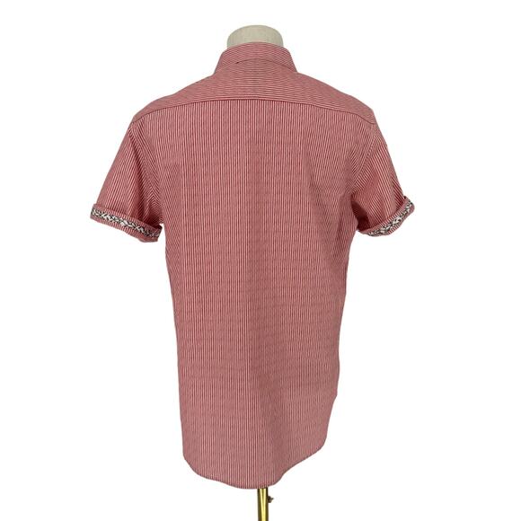 Robert Graham Woven Button Front Short Sleeve Shirt Indos Red-Orange Stripe M - Picture 2 of 9